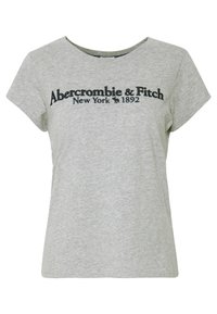 Grå t-shirt med korte ærmer lavet af bomuld, med en rund halsudskæring og fed sort tekst: "Abercrombie & Fitch New York 1892."