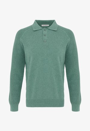 Maglione polo a maniche lunghe in maglia verde smorzato con tre bottoni e polsini e orlo a costine, mostrato su sfondo semplice.