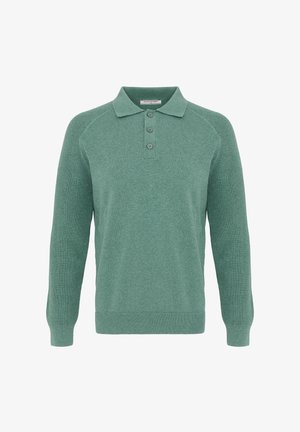 Gebreide polo met lange mouwen in gedempt groen met drie knopen en geribde manchetten en boord, weergegeven op een effen achtergrond.