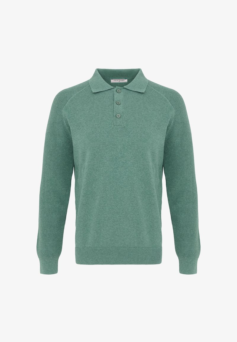 Pull polo en maille à manches longues de couleur verte douce avec trois boutons et poignets et ourlet côtelés, présenté sur un fond uni.