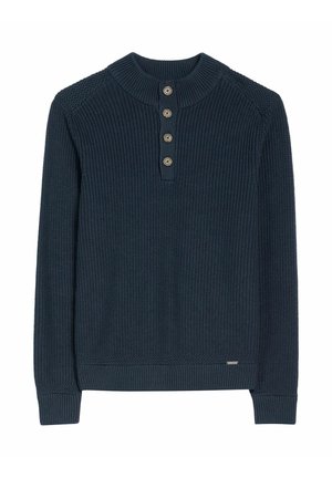 Granatowy sweter z dzianiny z wysokim kołnierzem, zapięciem na cztery guziki, ściągaczami przy rękawach oraz teksturowanym wzorem na ramionach.