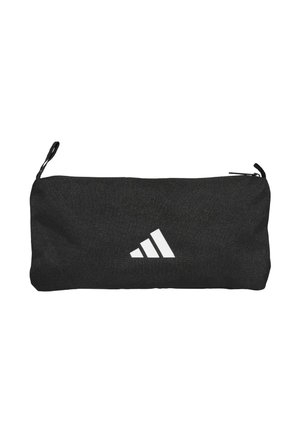 Sort rektangulært pung med lynlås med en lille løkke på hver ende og et hvidt Adidas-logo i midten.
