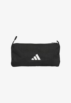 Czarna prostokątna saszetka na zamek z małą pętlą na każdym końcu i białym logo Adidas na środku.