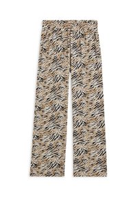 Pantalons à jambes larges en tissu doux et léger avec un imprimé animal abstrait noir, beige et marron, et une taille élastique avec un cordon de serrage.
