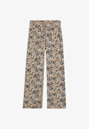 Pantalones de pierna ancha hechos de una tela suave y ligera, con un estampado abstracto de animales en negro, beige y marrón, y una cinturilla elástica con cordón.