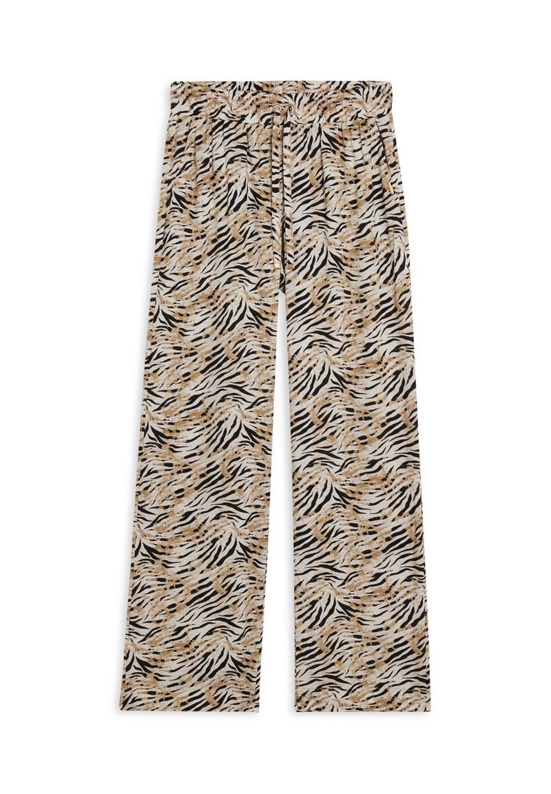 Pantalons à jambes larges en tissu doux et léger avec un imprimé animal abstrait noir, beige et marron, et une taille élastique avec un cordon de serrage.