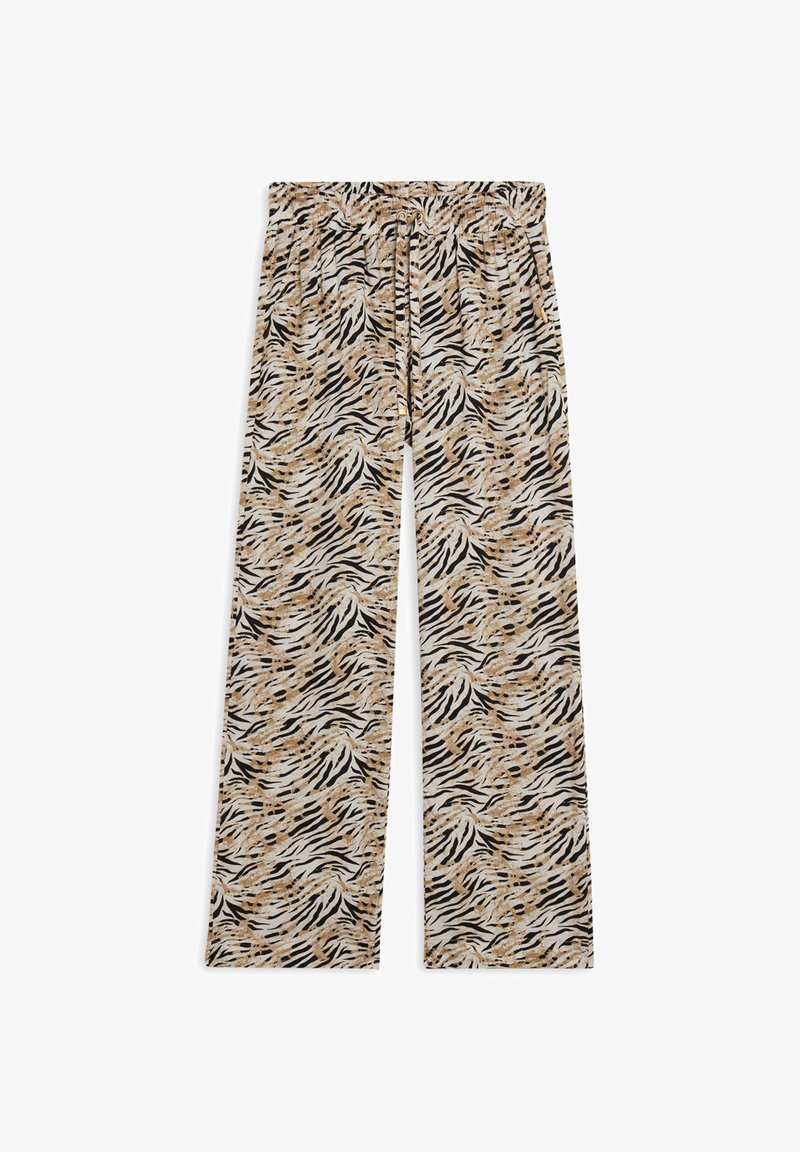 Pantalons à jambes larges en tissu doux et léger avec un imprimé animal abstrait noir, beige et marron, et une taille élastique avec un cordon de serrage.
