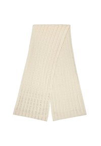 Sciarpa in crema con texture e motivo a coste. Materiale morbido a maglia, forma allungata e estremità piatte. Adatta per sovrapposizioni e calore.