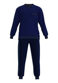 Conjunto de sudadera y pantalones azul marino hecho de tela suave. La sudadera tiene un cuello redondo y un bolsillo en el pecho; los pantalones tienen puños elásticos en los tobillos.