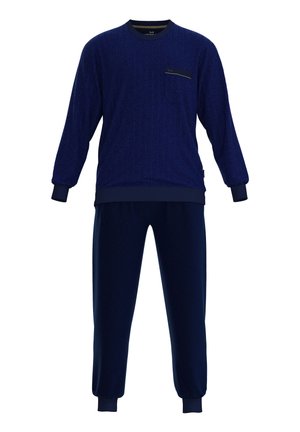 Dunkelblaues Sweatshirt- und Hosen-Set aus weichem Material. Das Sweatshirt hat einen runden Hals und eine Brusttasche; die Hose hat elastische Bündchen an den Knöcheln.