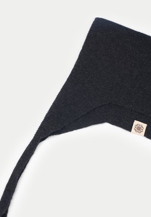 Dark gray triangular knit scarf with long narrow end and small white tag featuring a brown decorative logo, displayed on white background.