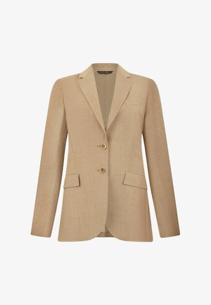 Beige blazer met een getailleerde pasvorm, twee voorkwasten, een sluiting met twee knopen en inkeping revers, gemaakt van textuurstof. Subtiele ontwerpelementen.