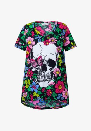 Maglietta nera con design centrale di un teschio screpolato, circondato da motivi floreali colorati in rosa, blu e verde. Collo rotondo.