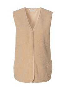 Beige Fleece-Weste mit V-Ausschnitt, ärmellos, mit dezenten Details und zwei Fronttaschen. Weiche Textur mit gemütlichem Erscheinungsbild.