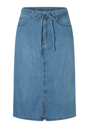 Midilanger blauer Denimrock mit Frontschlitz, verstellbarem Bindegürtel und Vordertaschen, mit Gürtelschlaufen und sichtbaren Nähten.