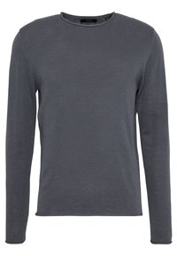 Grå långärmad T-shirt i ribbat tyg med rundad halsringning och rak passform, med minimal sömnad och ingen synlig hårdvara.