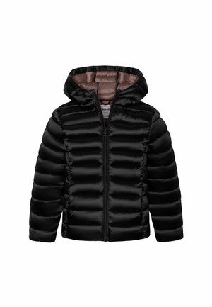 Doudoune noire avec piqûres horizontales, fermeture éclair intégrale à l'avant, capuche et doublure intérieure marron clair, présentée sur fond blanc.