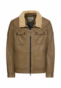 Braune Lederjacke mit einem Sherpenkragen, Reißverschluss vorne und zwei vorderen Taschen mit Druckknopfverschlüssen. Glatte Textur mit genähten Details.