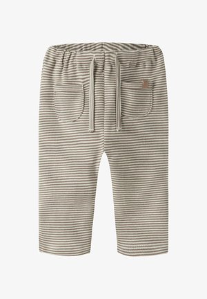 Striped shorts in beige and cream, featuring an elastic waistband with drawstring, two back pockets, and a soft, textured fabric.
