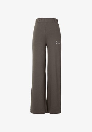 Ciemnoszare spodnie typu wide-leg z elastycznym paskiem w talii i rozcięciami po bokach. Posiadają białe logo wyszyte z przodu. Miękka, lekka tkanina.