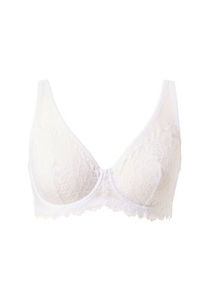 Hvid blonde bh med en blød, gennemsigtig tekstur. Har en bølget blondekant og justerbare stropper. Klassisk trekantsform med bøjlestøtte.