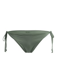 Dark green bikini bottom made of smooth fabric, featuring tie sides for adjustable fit and a subtle logo on the waistband.