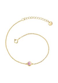 Auksinė grandinėlė su lygiu rožiniu akmeniu centre, turinti vėrinio kabliuką ir reguliuojamo ilgio, taip pat su apvaliu žymekliu.