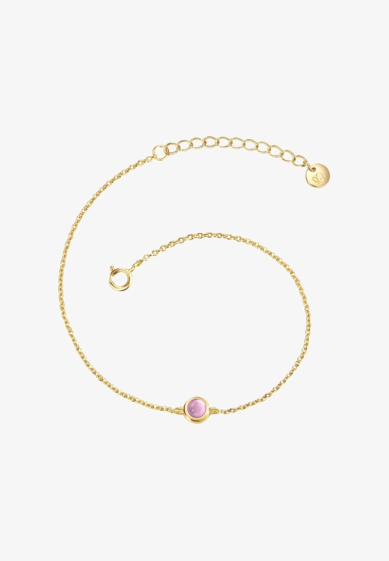 Auksinė grandinėlė su lygiu rožiniu akmeniu centre, turinti vėrinio kabliuką ir reguliuojamo ilgio, taip pat su apvaliu žymekliu.