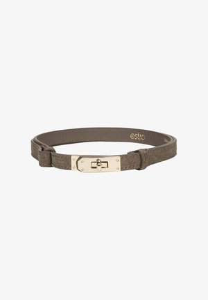 Brown suede belt with a smooth leather finish, featuring a gold-tone metal buckle and fastening. The strap has a soft texture and minimal design.