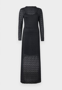 Μαύρο φόρεμα με μακριά μανίκια φτιαγμένο από διαφανές υφασμένο ύφασμα, με στρογγυλή λαιμόκοψη και εφαρμοστή σιλουέτα που φτάνει μέχρι τους αστραγάλους.