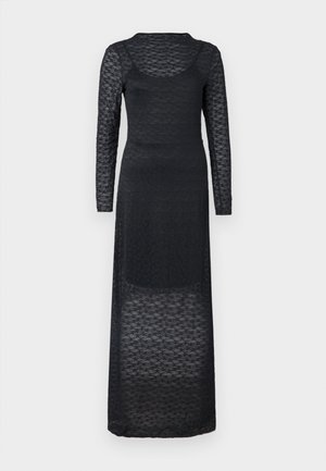 Abito lungo nero con maniche lunghe, realizzato in tessuto trasparente e strutturato, dotato di scollatura rotonda e silhouette aderente che arriva fino alle caviglie.