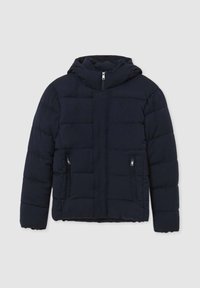 Giacca imbottita blu navy con chiusura a zip, cappuccio e due tasche frontali. Presenta imbottitura segmentata per l'isolamento e una texture morbida.