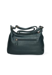 Borsa a mano in pelle verde scuro con finitura texturizzata, tasca con zip frontale e tracolla regolabile. Forma arrotondata e accenti hardware minimi.