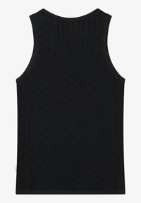 Débardeur en tricot noir avec une texture côtelée, doté d'un col rond et sans manches. Détails de motif subtils sur tout le tissu.