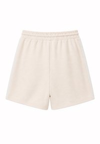 Shorts en coton beige avec taille élastique et bandes blanches sur les côtés, conçus pour un usage décontracté.