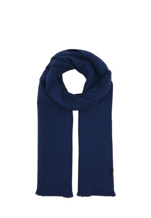 Dark blue knit scarf with subtle textured pattern, frayed edges, and small black tag on one side, displayed folded on a white background.