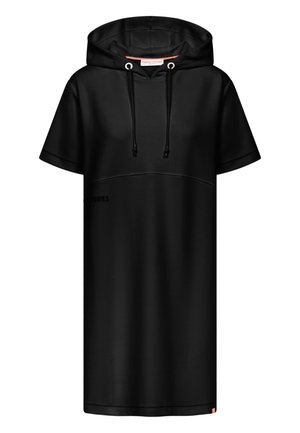 Zwarte korte mouwen jurk met capuchon, trekkoorden en een subtiel naaddetail op de borst, gemaakt van gladde stof.