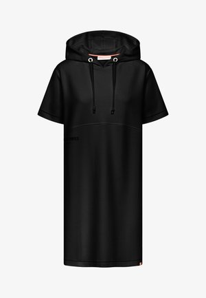 Zwarte korte mouwen jurk met capuchon, trekkoorden en een subtiel naaddetail op de borst, gemaakt van gladde stof.