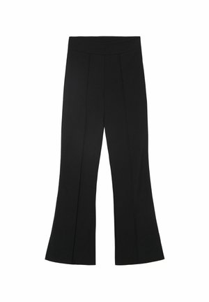 Schwarze, weit ausgestellte Hose mit glatter Textur, ausgestattet mit einem breiten Bund und vertikalen Falten auf der Vorderseite für zusätzliche Details.