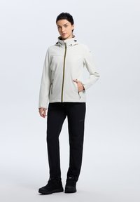 Lys grå zip-up jakke med en tætsiddende design, justerbar hætte og lynlåslommer, parret med sorte bukser og sorte sko.