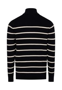 Marineblauer Strickpullover mit weißen horizontalen Streifen, hohem Kragen, gerippten Bündchen und Saum. Glatte Textur, tailliertes Design, klassischer Stil.