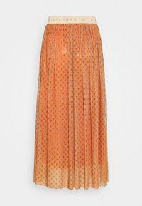 Orangemönstrad plisserad midikjol med små blommor och elastisk midja i beige med texten "WILDFLOWER".
