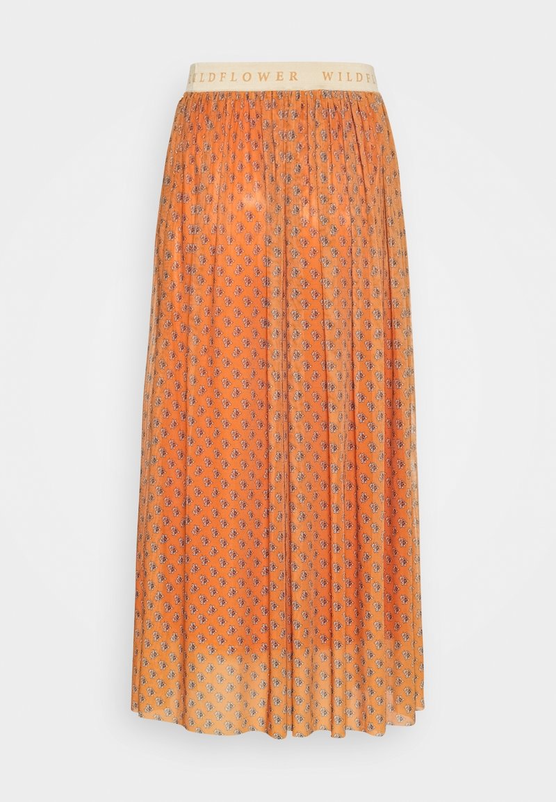 Orangemönstrad plisserad midikjol med små blommor och elastisk midja i beige med texten "WILDFLOWER".