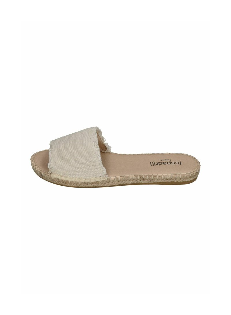 Flat slip-on sandal with a beige textile upper, featuring a frayed edge. Natural jute sole with a simple stitching detail along the base.