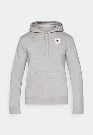 Grijze hoodie met een kangeroezak aan de voorkant, een verstelbare capuchon met trekkoord en een cirkelvormig logo op de bovenborst. Gemaakt van een katoenmengsel.