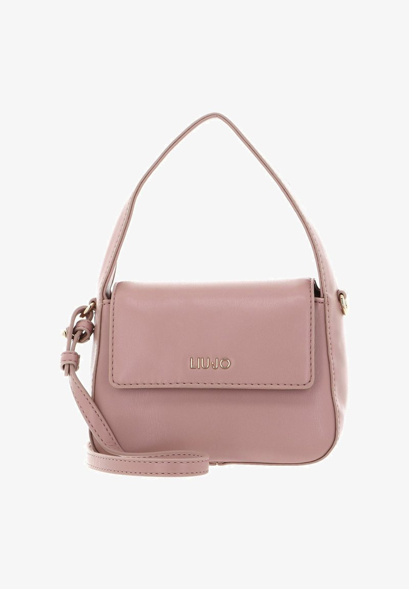 Sac à main en cuir rose clair de forme arrondie, avec une fermeture à rabat et une bandoulière détachable. Éléments en métal doré avec logo de la marque.