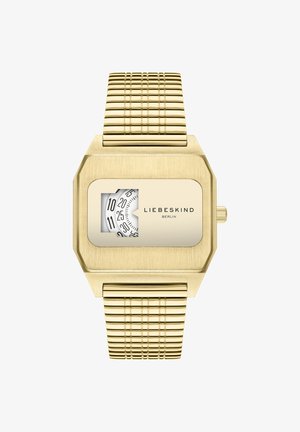 Guld-tone rektangulært ur med et minimalistisk design, der har en hvid urskive og et unikt cirkulært display til tiden på et struktureret mesh-rem.