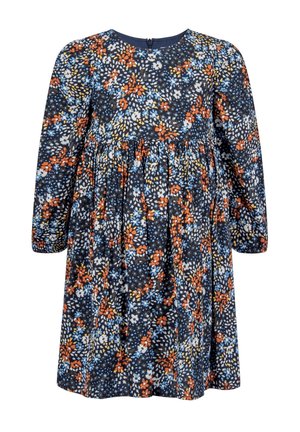 Sukienka w kwiaty w kolorze granatowym, z kolorowymi wzorami pomarańczowych, niebieskich i białych kwiatów. Długie rękawy i delikatnie Marszczona talia.