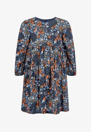 Vestito floreale blu navy, con motivi colorati di fiori arancioni, blu e bianchi. Maniche lunghe e vita leggermente arricciata.