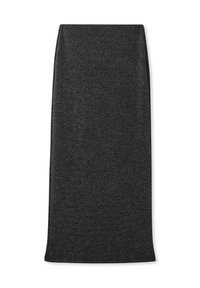 Gonna a matita nera lavorata a maglia con una texture liscia. Design di lunghezza media con vita elasticizzata e silhouette aderente. Nessun motivo visibile.